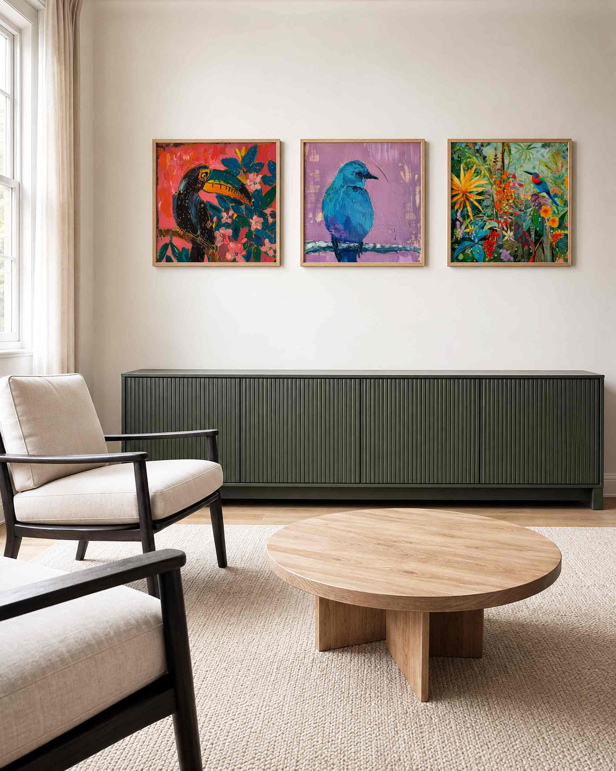 Interieurpresentatie van een driedelige vierkante posterset met kleurrijke vogels