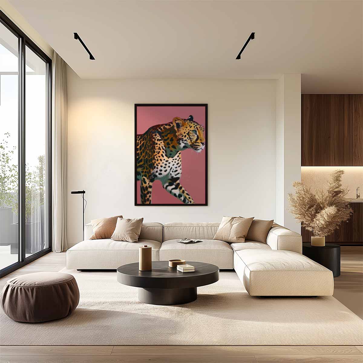 Elegante Luipaard op Roze Achtergrond Kunstwerk-canvas-dibond-plexiglas-wanddecoratie-WallArtistic