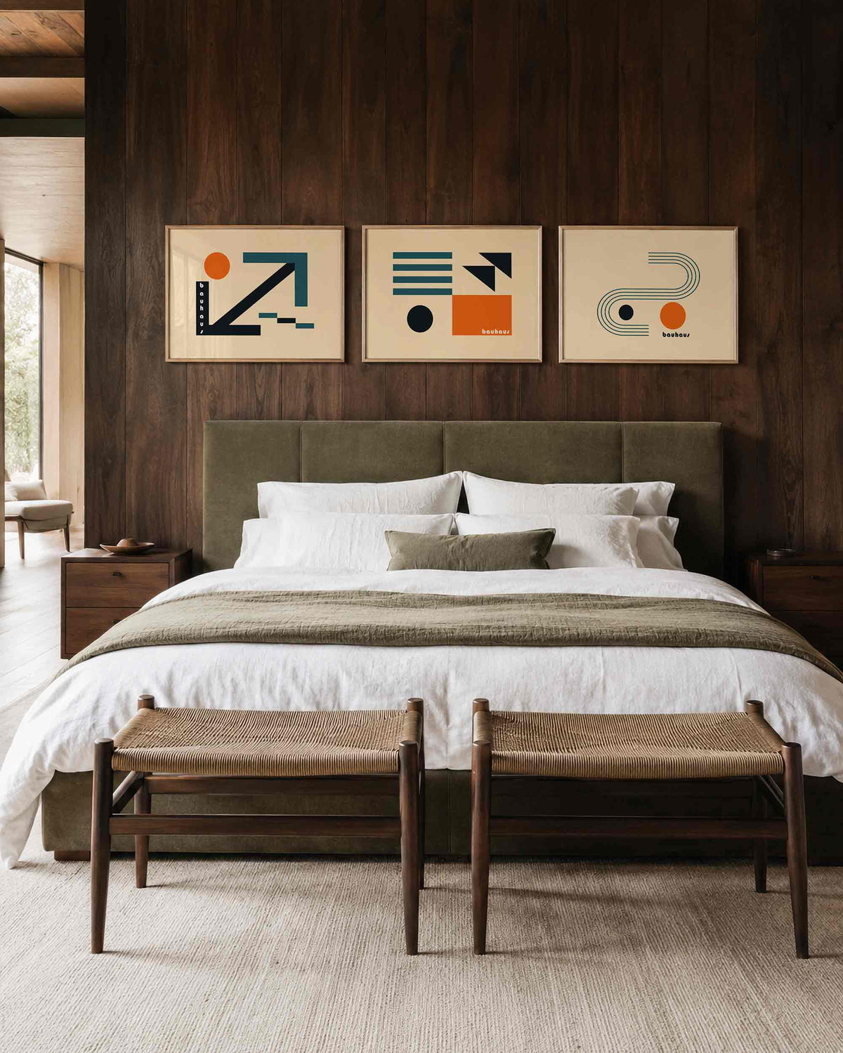 Interieurmockup van drieluik landscape-posterset met okerbanen en cirkels