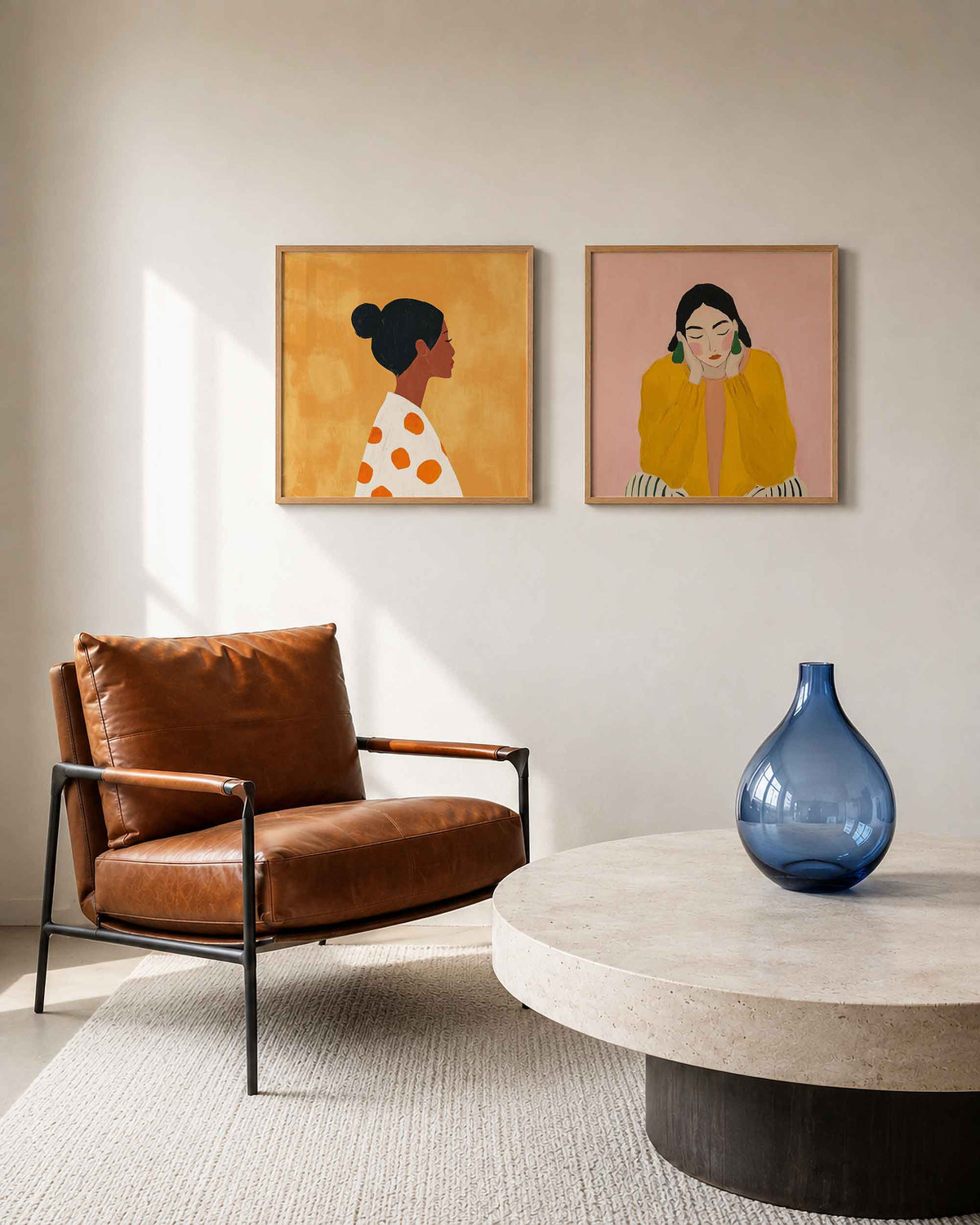 Interieurpresentatie van een tweedelige vierkante posterset met vrouwenportretten