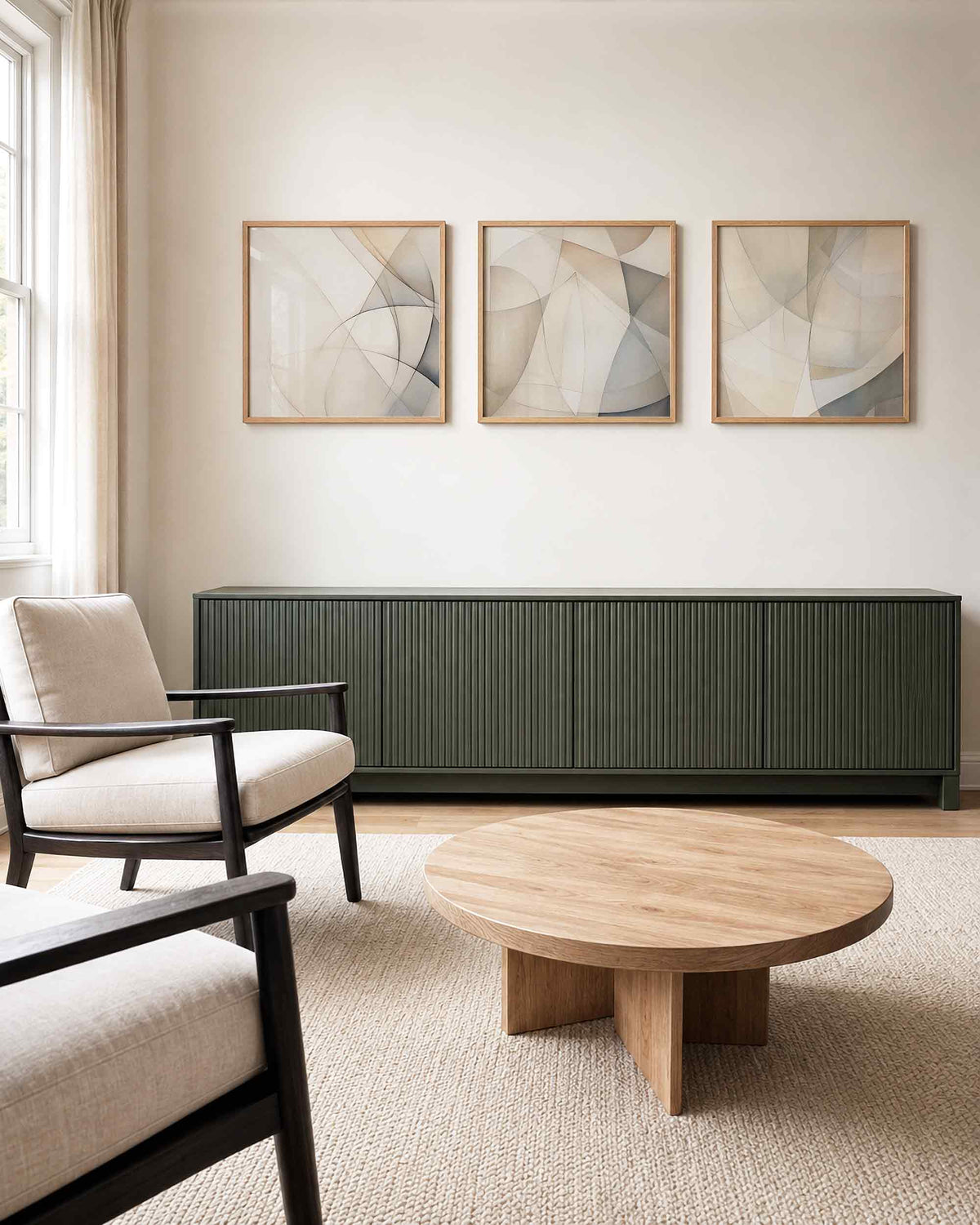 Interieurpresentatie van een driedelige vierkante posterset met abstracte beige vormen