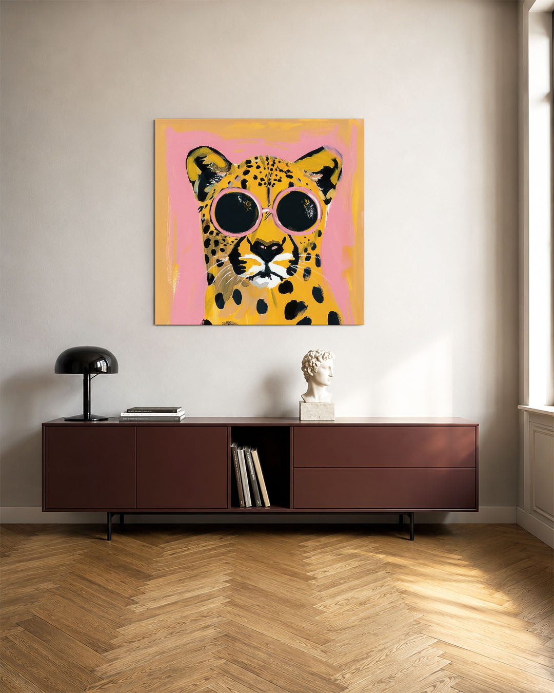 Speelse luipaard portret Kunstwerk