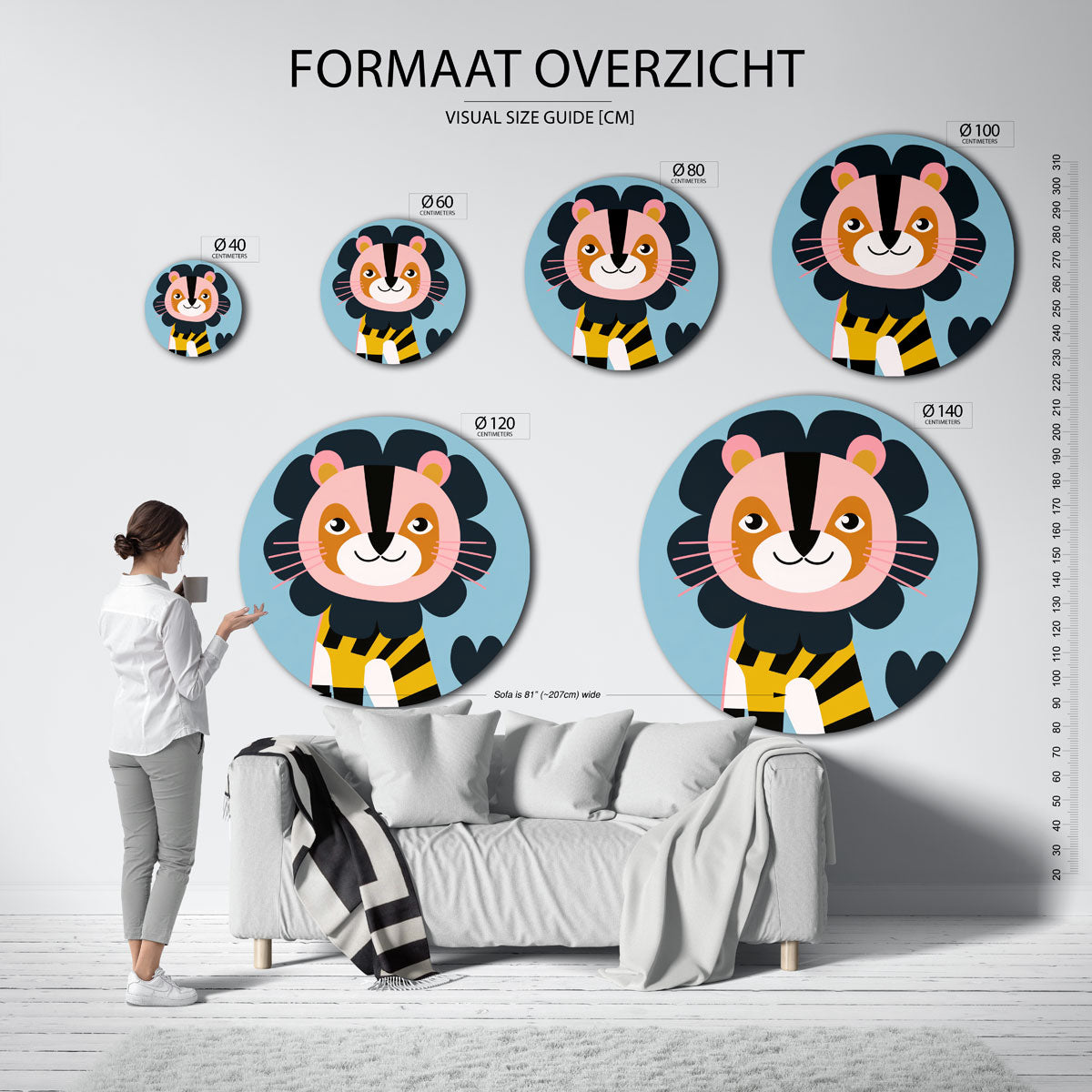Leeuw met blauwe achtergrond Muurcirkel