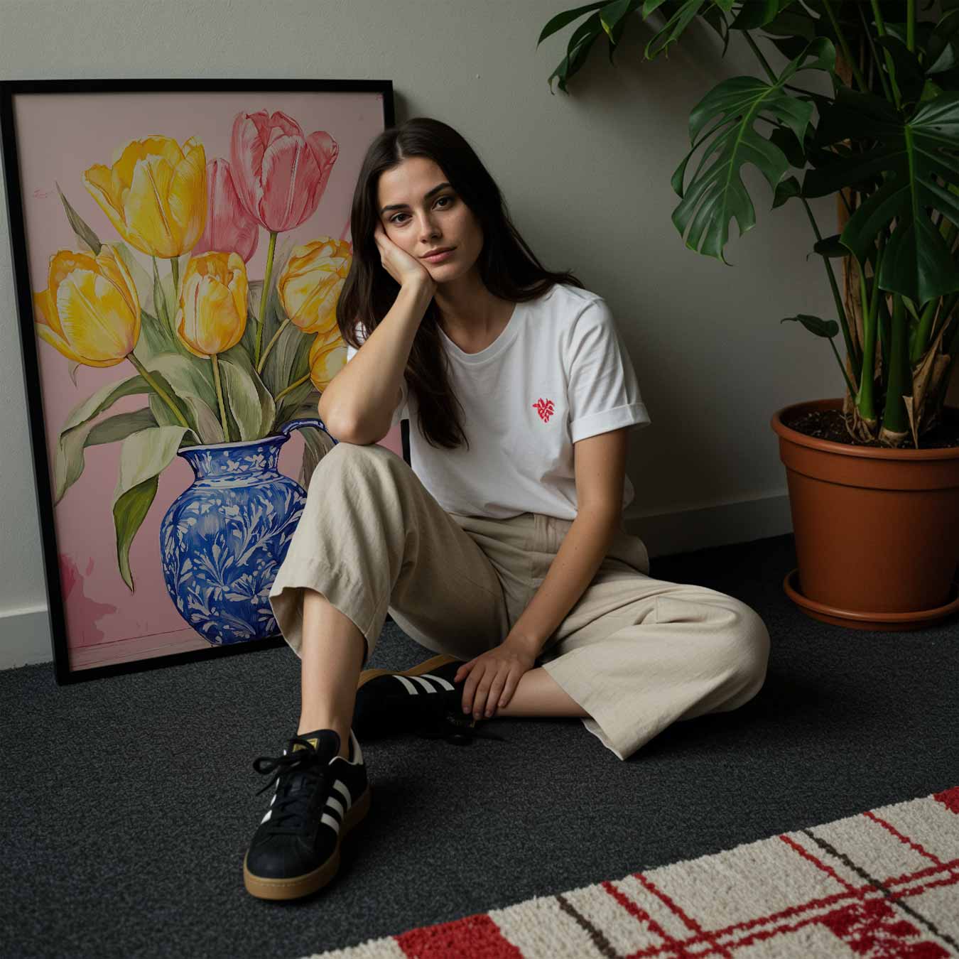 Vrolijke Tulpen in Blauwe Vaas Poster-WallArtistic