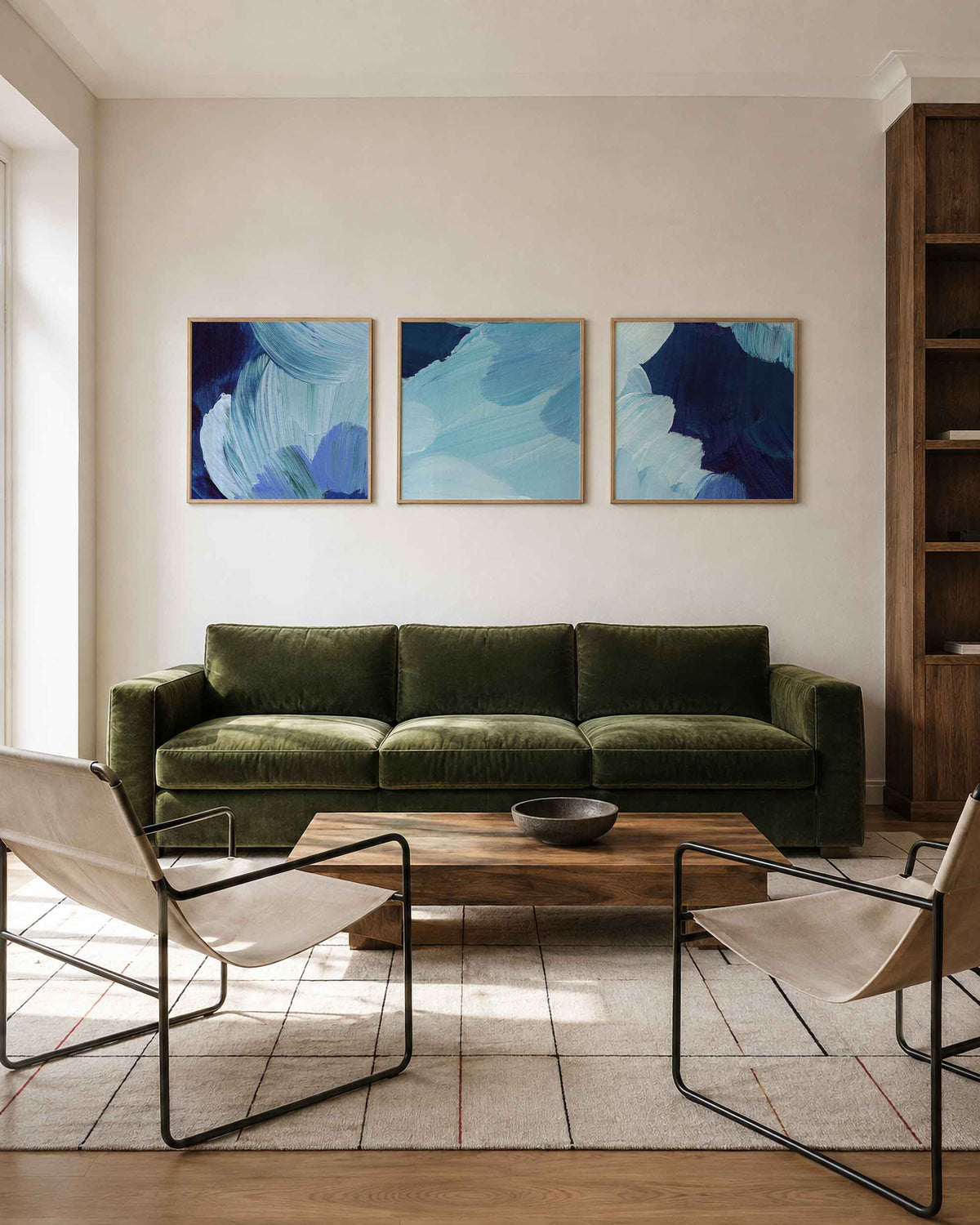 Interieurpresentatie van een driedelige vierkante posterset met blauwe abstracte kunst