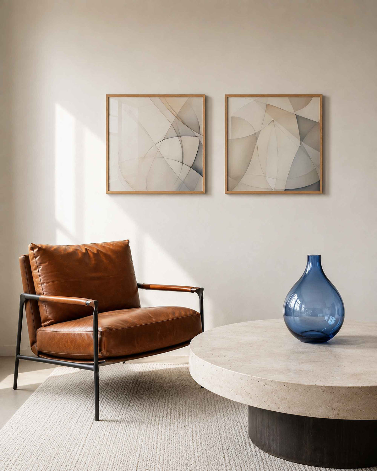 Interieurpresentatie van een tweedelige vierkante posterset met geometrische vormen