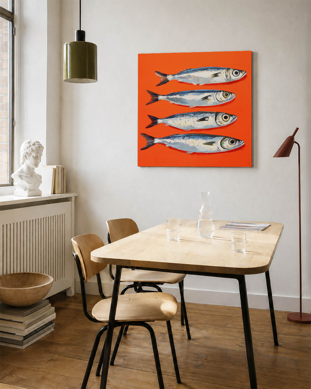Vissen op fel oranje Kunstwerk