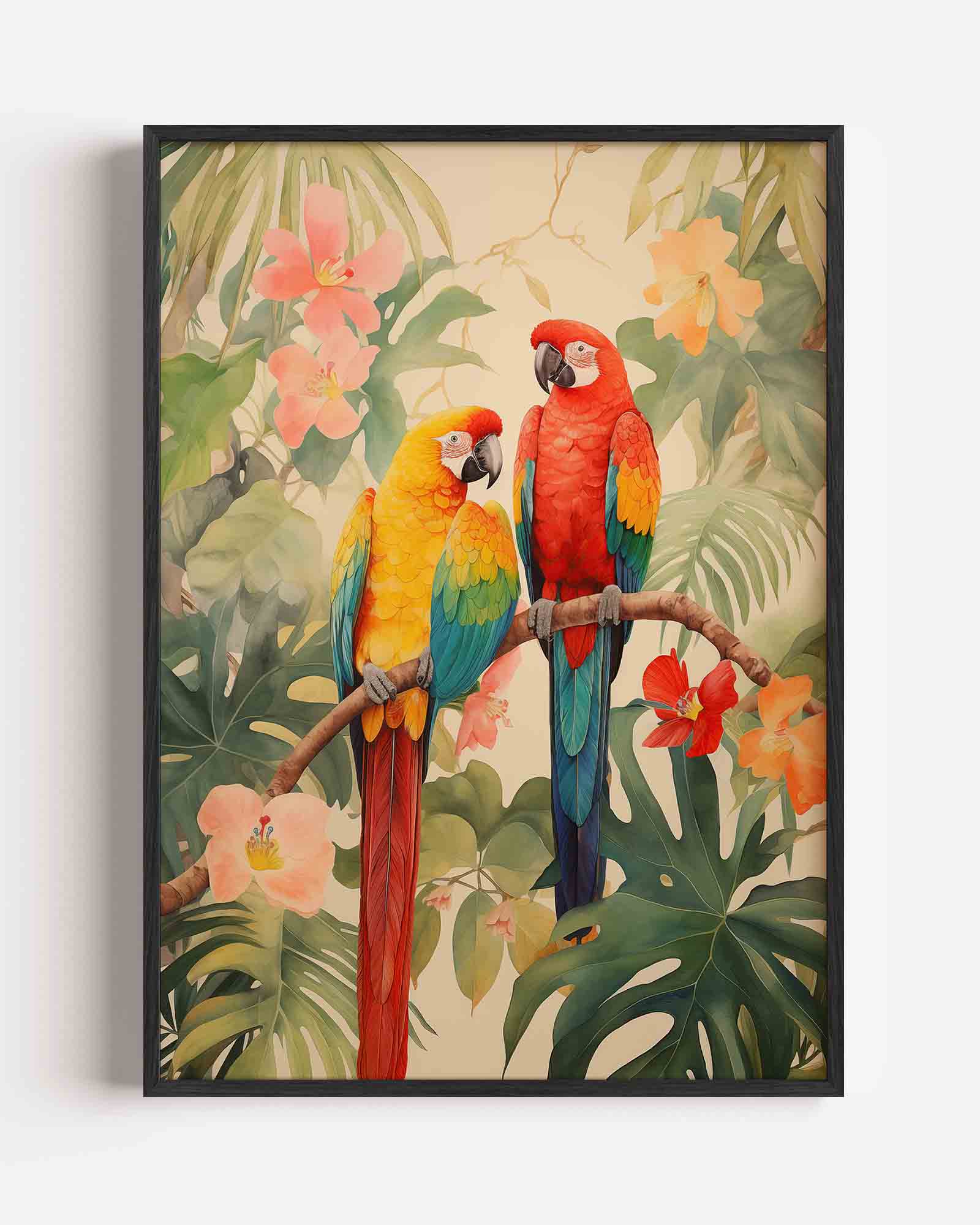 Papegaaien en bloemen Poster