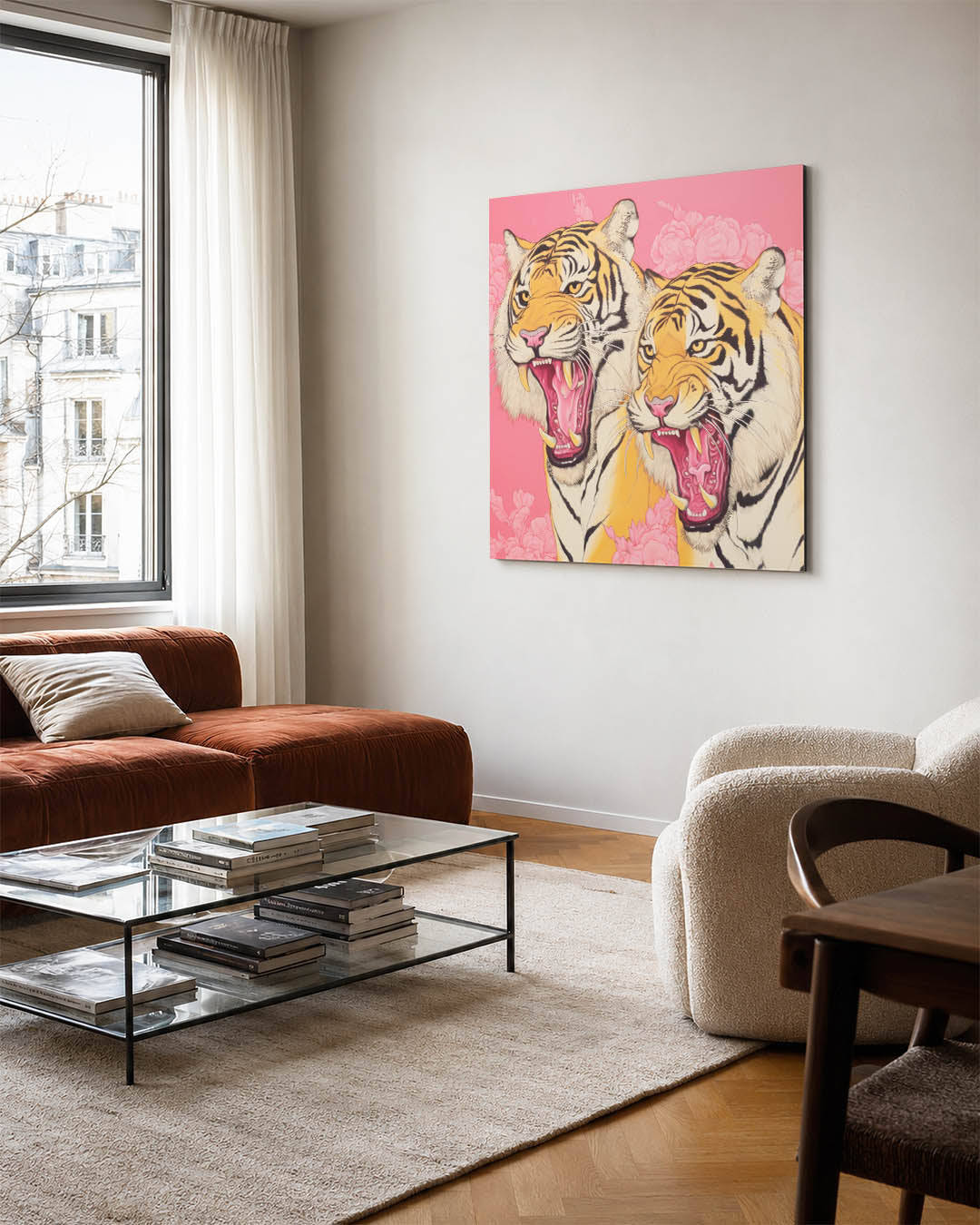 Tijgers op roze achtergrond Kunstwerk