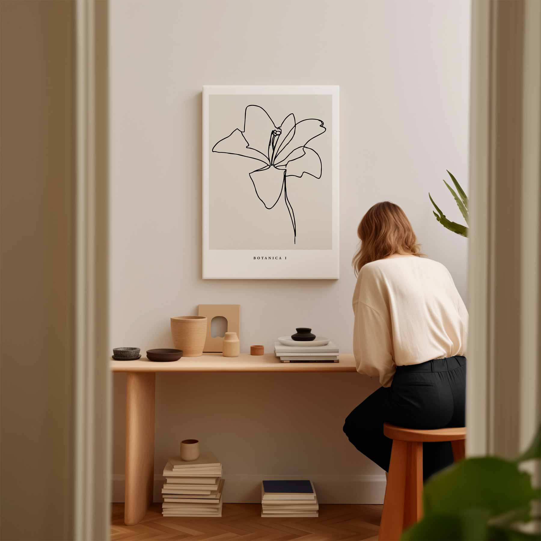 Elegante Bloemenlijntekening Kunstwerk-canvas-dibond-plexiglas-wanddecoratie-WallArtistic