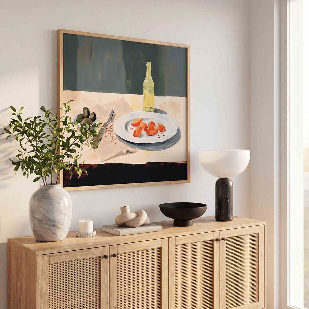 Stilleven met fles en fruit Poster
