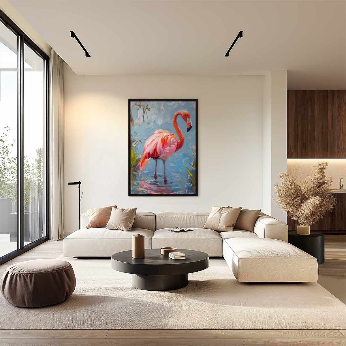 Flamingo op Blauw Canvas Kunstwerk-canvas-dibond-plexiglas-wanddecoratie-WallArtistic