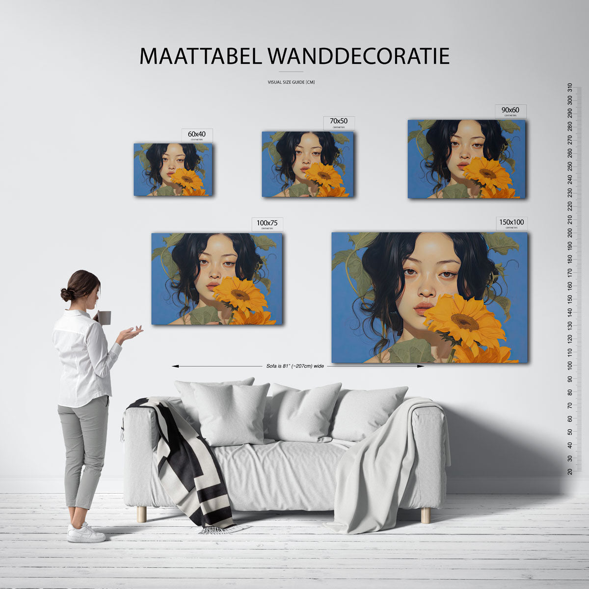 Vrouw met zonnebloemen Kunstwerk