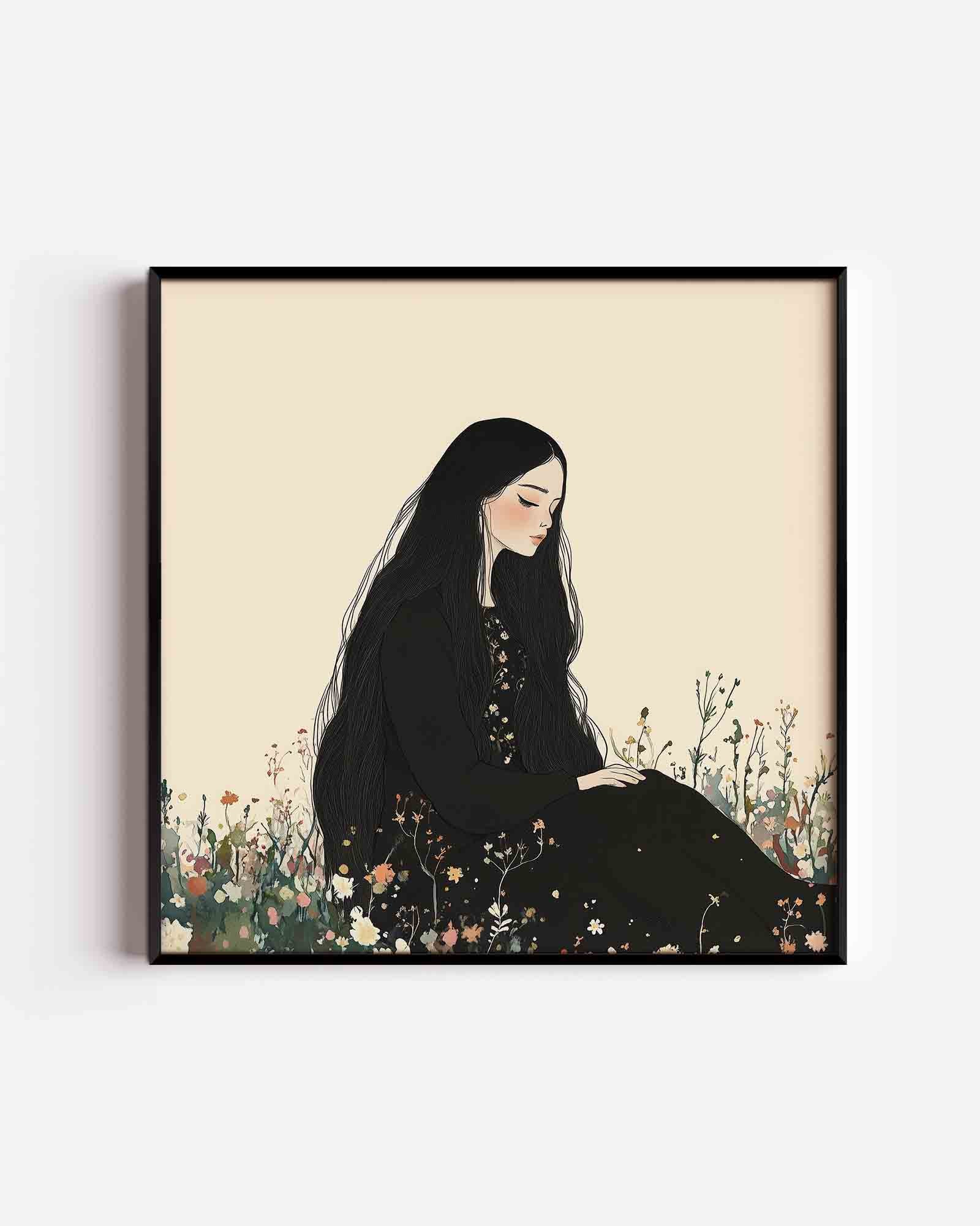 Zittende vrouw in bloemenveld Poster