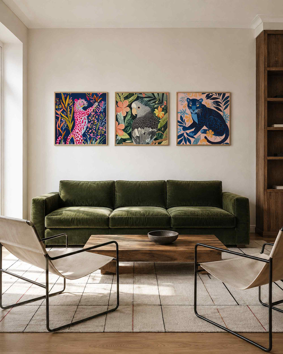 Interieurpresentatie van een driedelige vierkante posterset met wilde dieren tussen bloemen