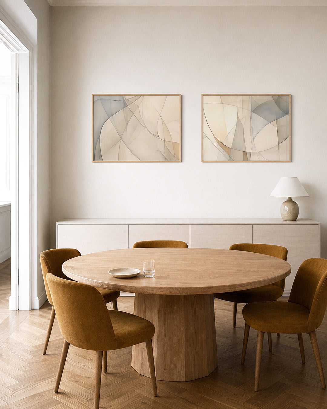 Twee liggende posters met een spel van zachte, vloeiende lijnen en fijne kleurvlakken in beige, aan de muur in een interieur