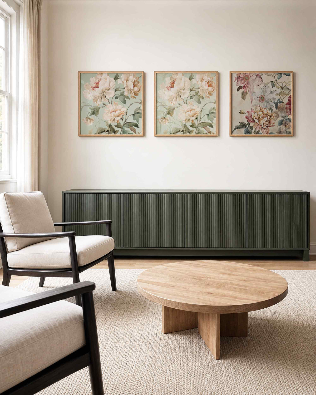 Interieurpresentatie van een driedelige vierkante posterset met pastelkleurige bloemen