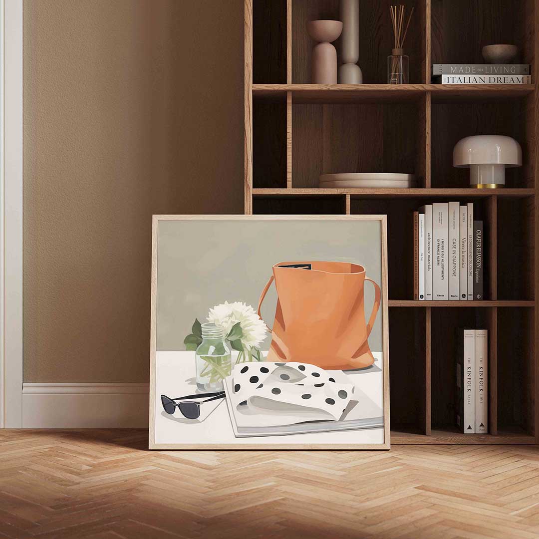 Oranje tas en bloemen Poster