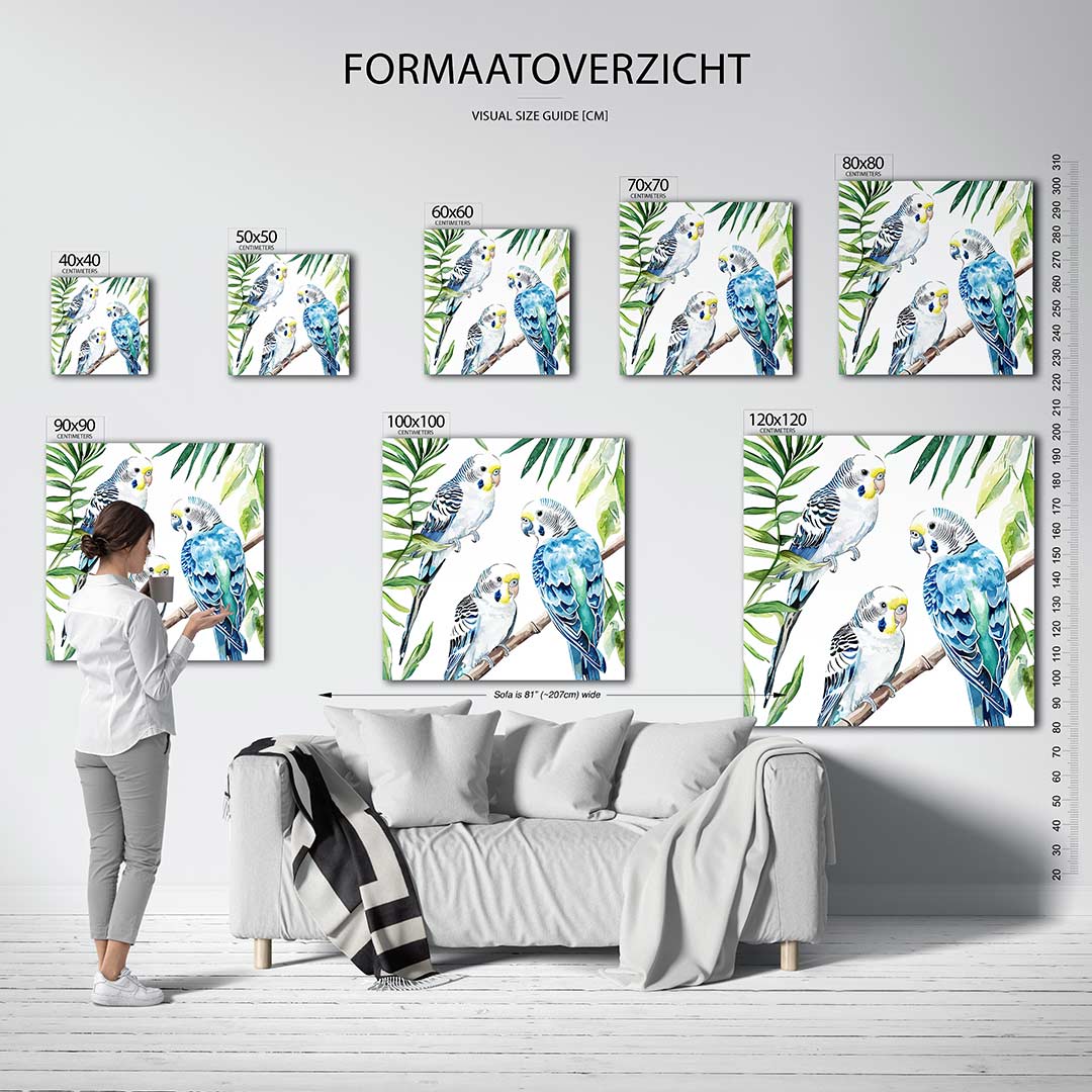 Papegaaien en bladeren Kunstwerk