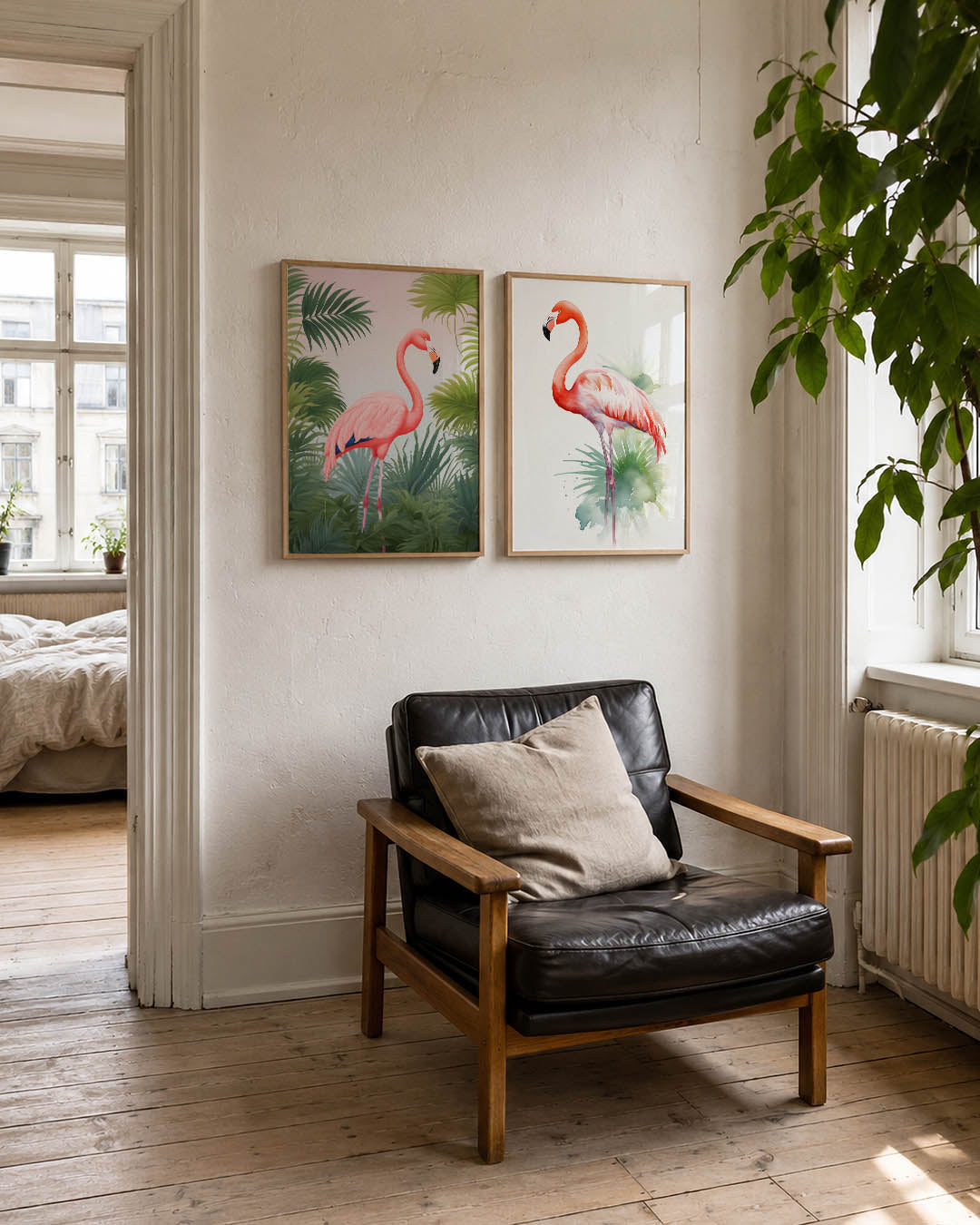 Flamingo en bladeren Posterset