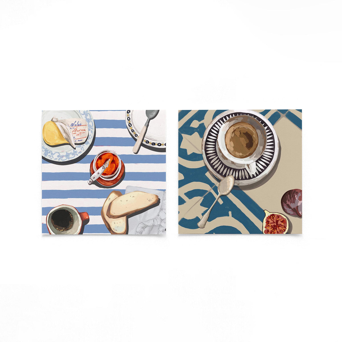 Twee vierkante posters met ontbijt en koffie op een gebroken witte achtergrond