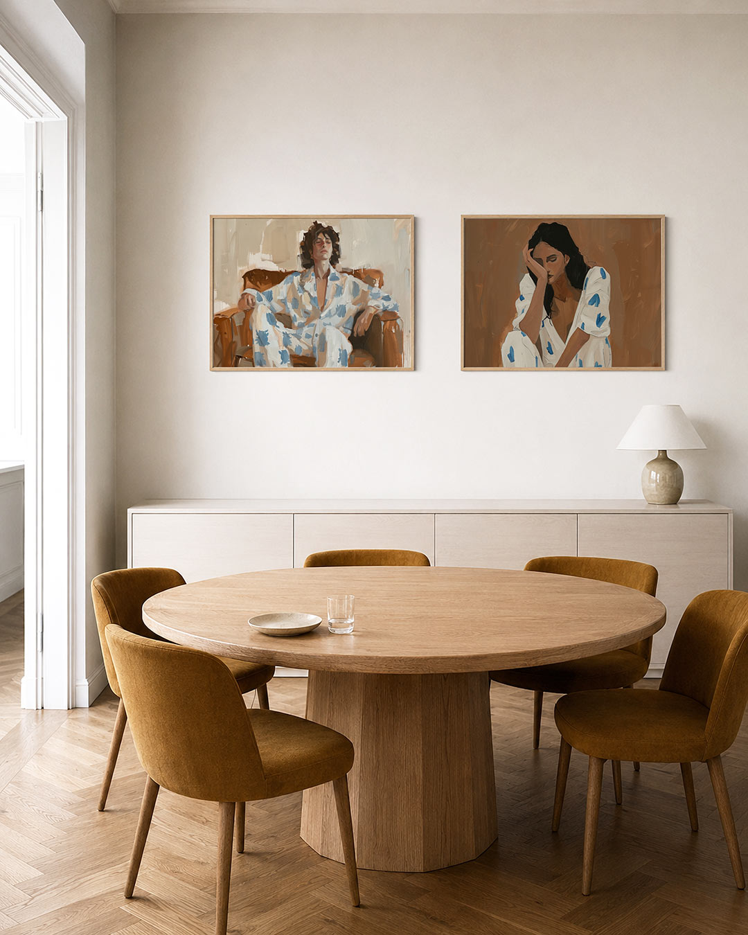 Tweedelige posterset met een ontspannen figuur in een stoel, omgeven door zachte, aardse tinten, getoond in een interieur
