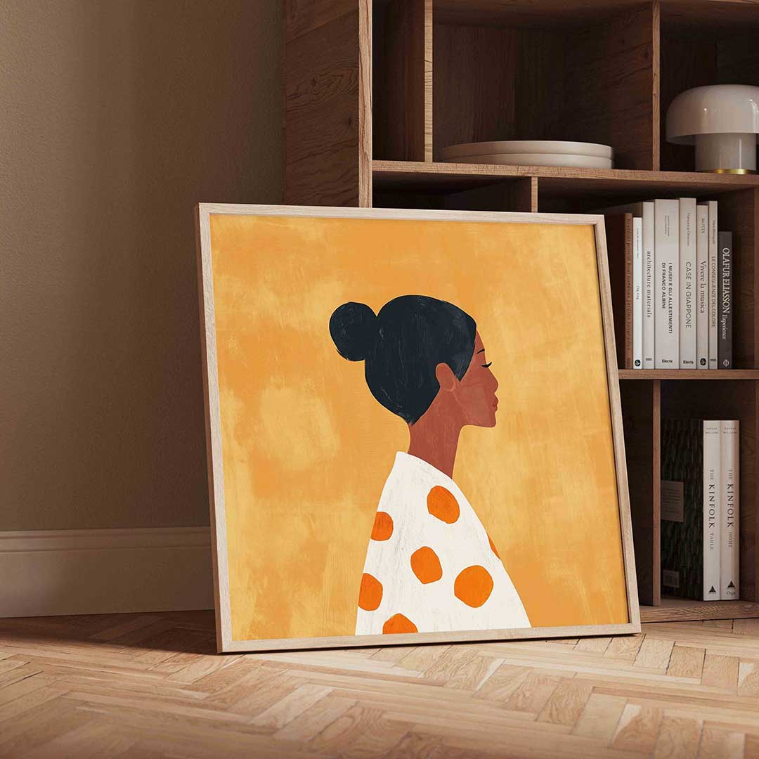 Vrouwelijk profiel met oranje stippen Poster