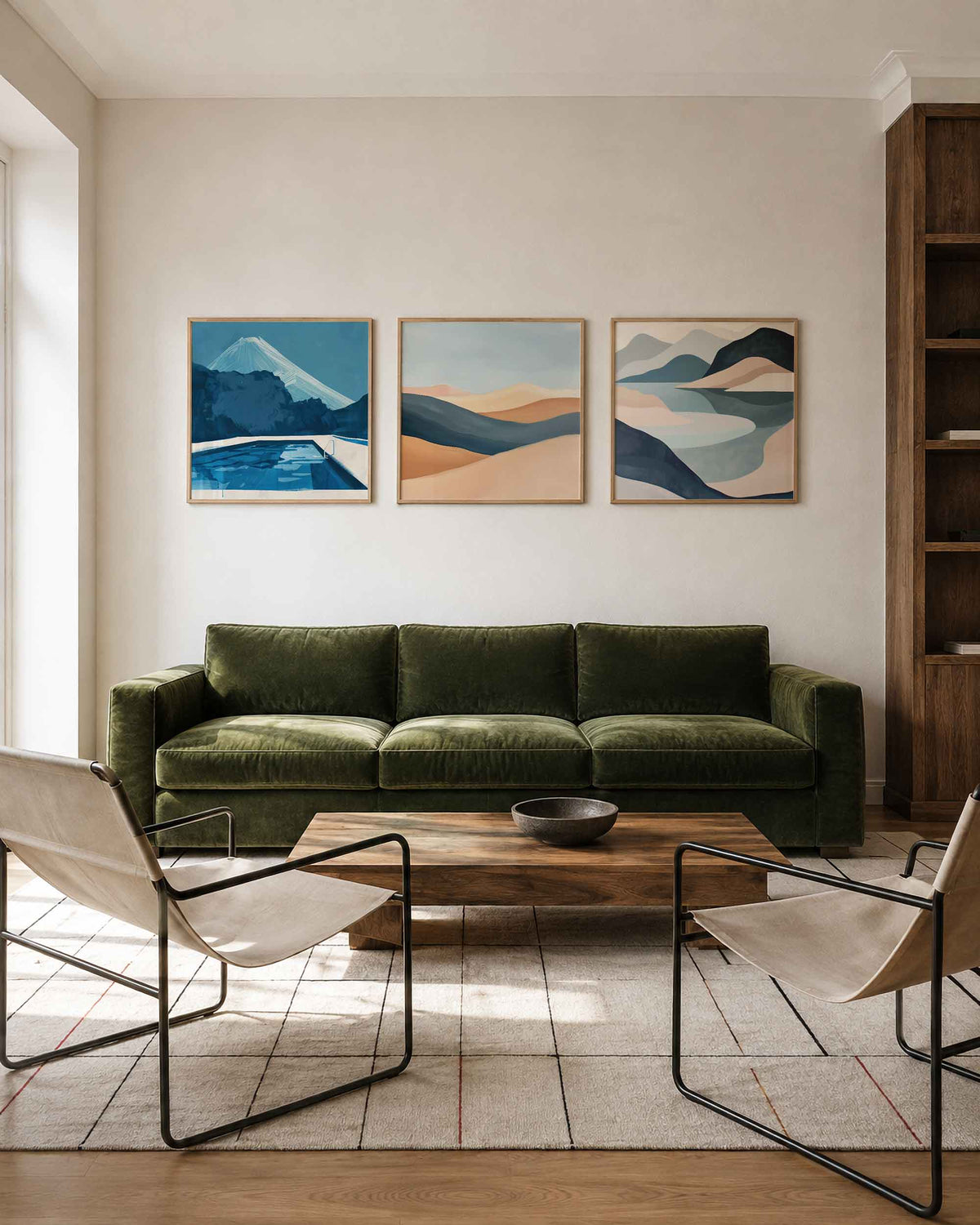 Interieurpresentatie van een driedelige vierkante posterset met berglandschappen