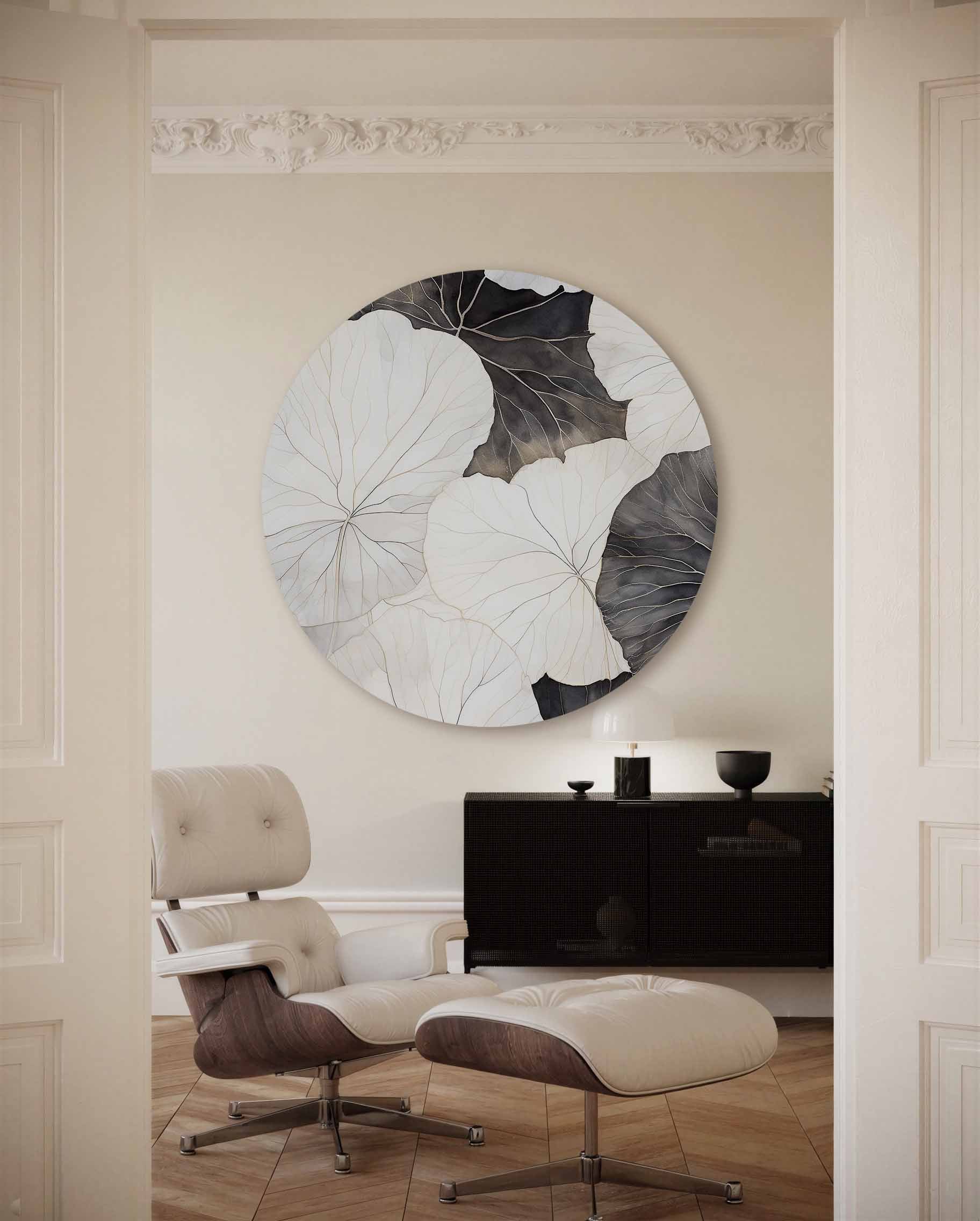 Bladeren in zwart en wit Muurcirkel
