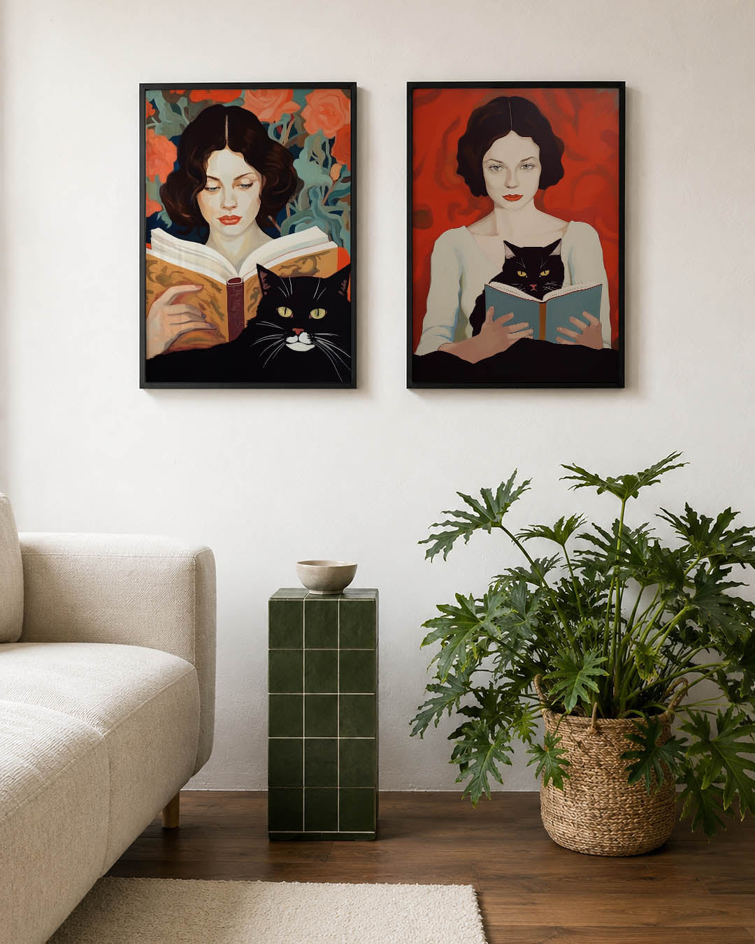 Lezende vrouw en kat Posterset