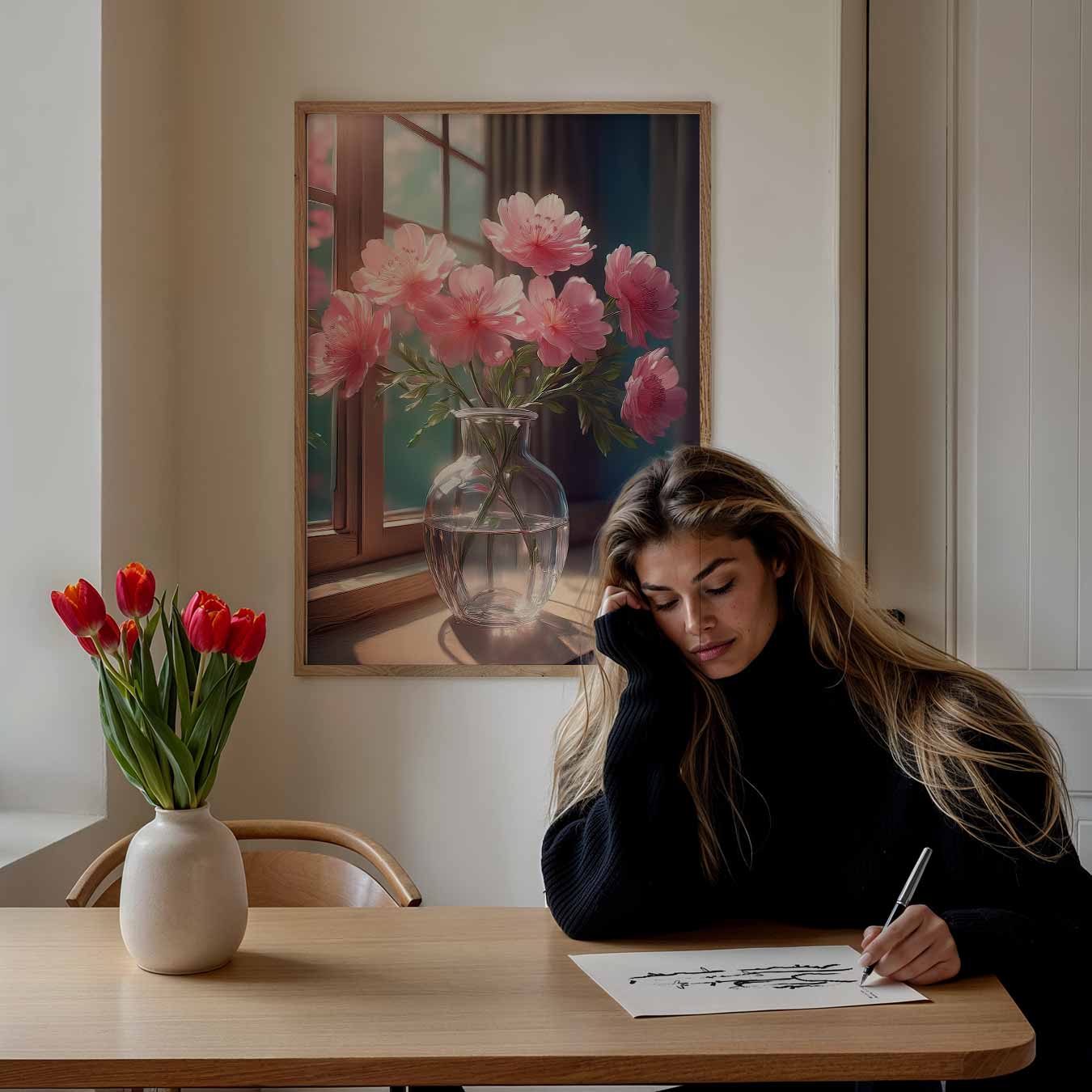 Romantische Bloemen bij het Raam Poster-WallArtistic