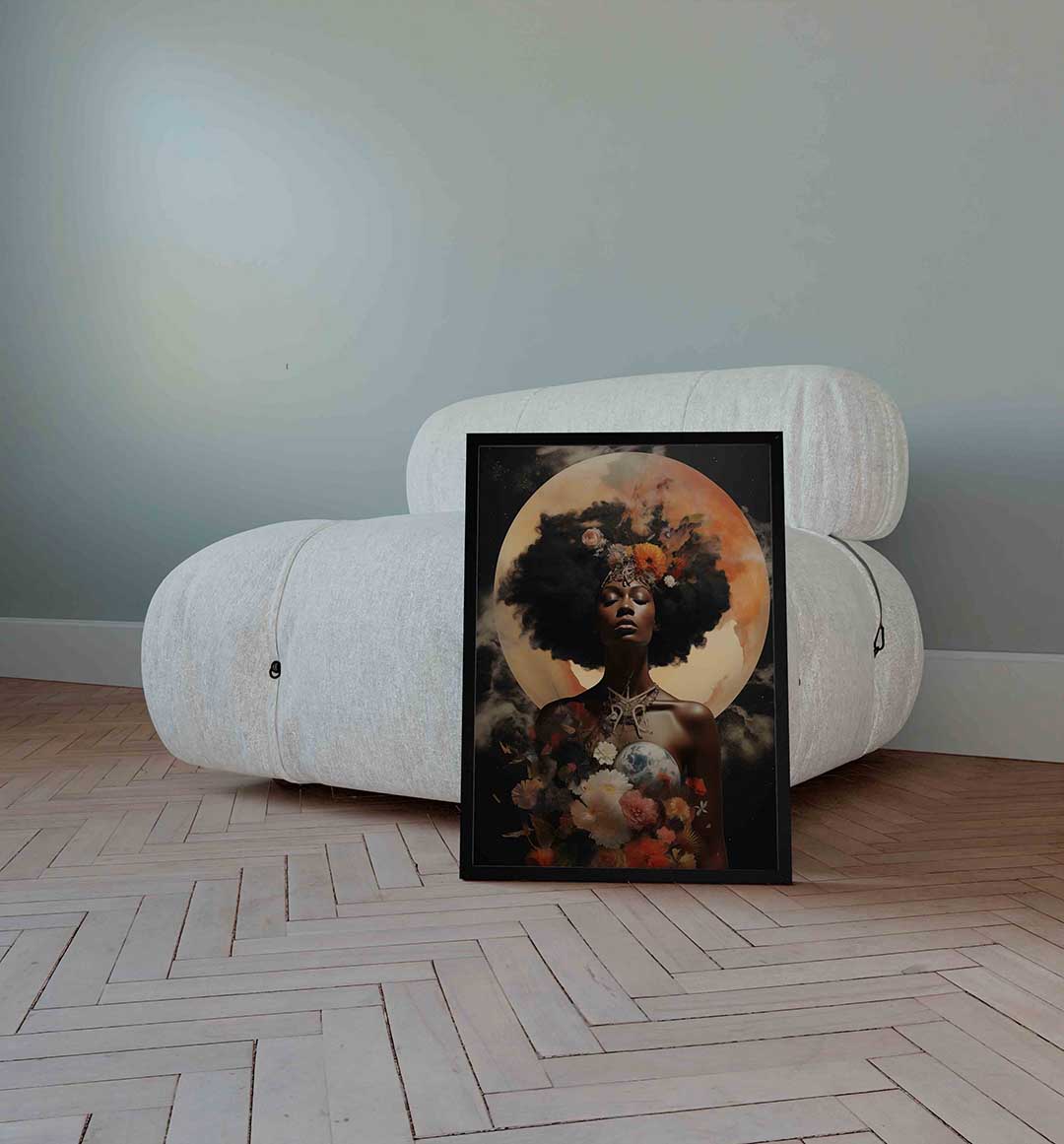 Vrouw met bloemen en maan Poster
