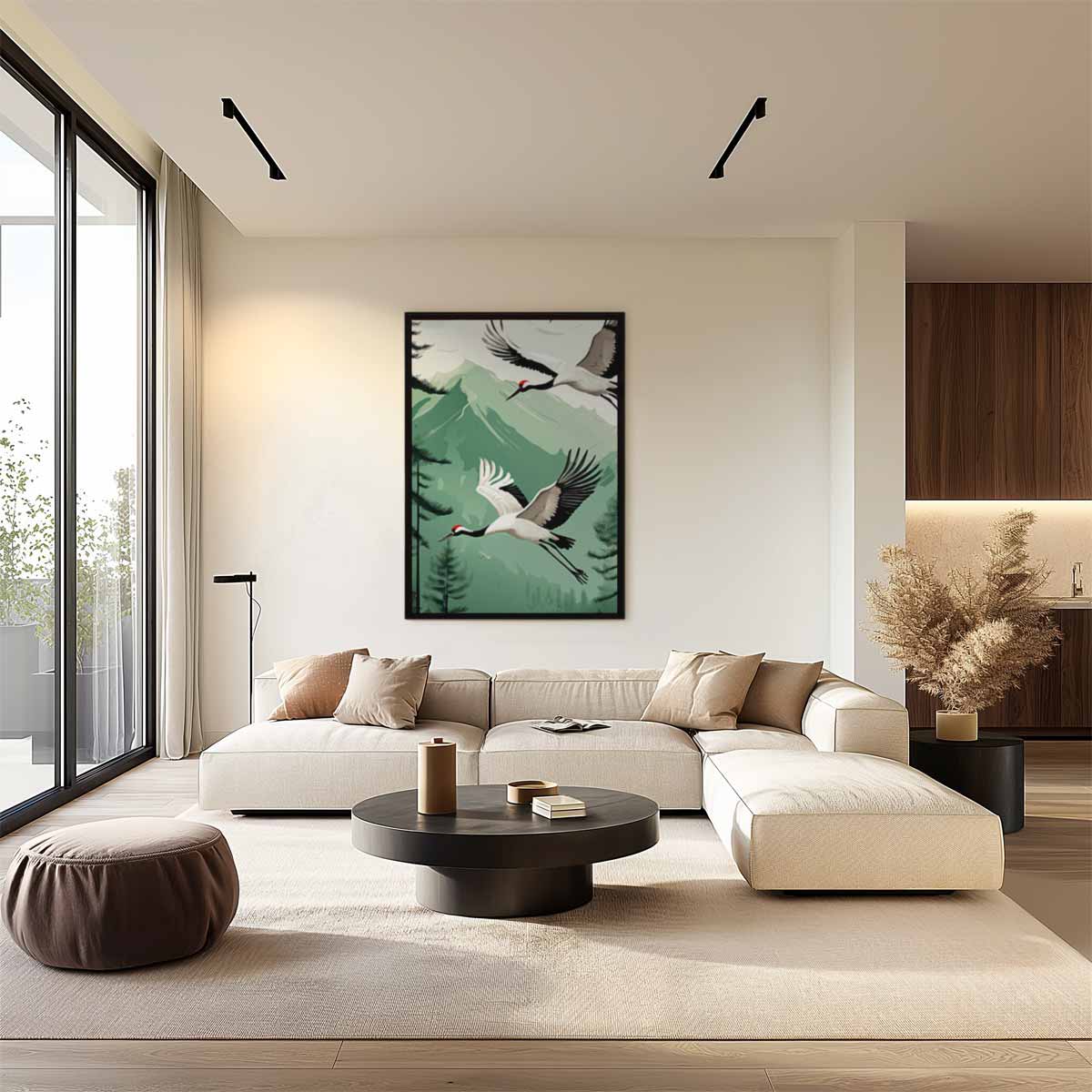 Vliegende Kranen in Berglandschap Kunstwerk