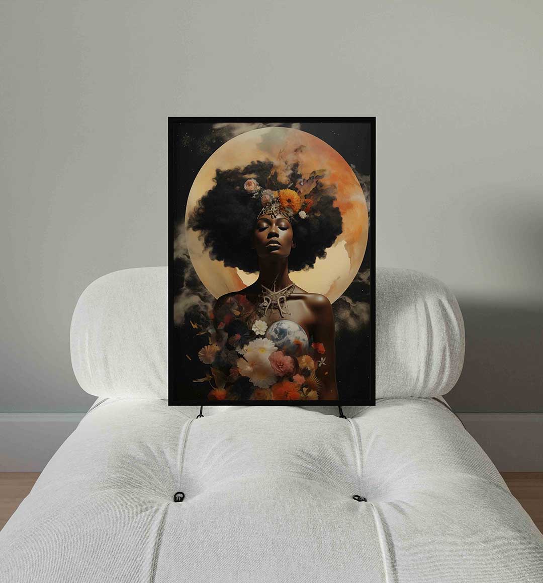 Vrouw met bloemen en maan Poster