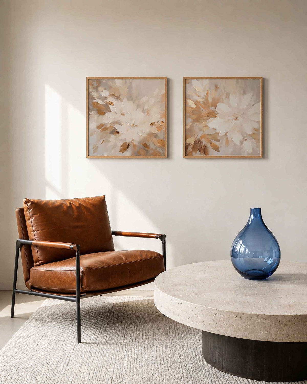 Interieurpresentatie van een tweedelige vierkante posterset met witte bloemen