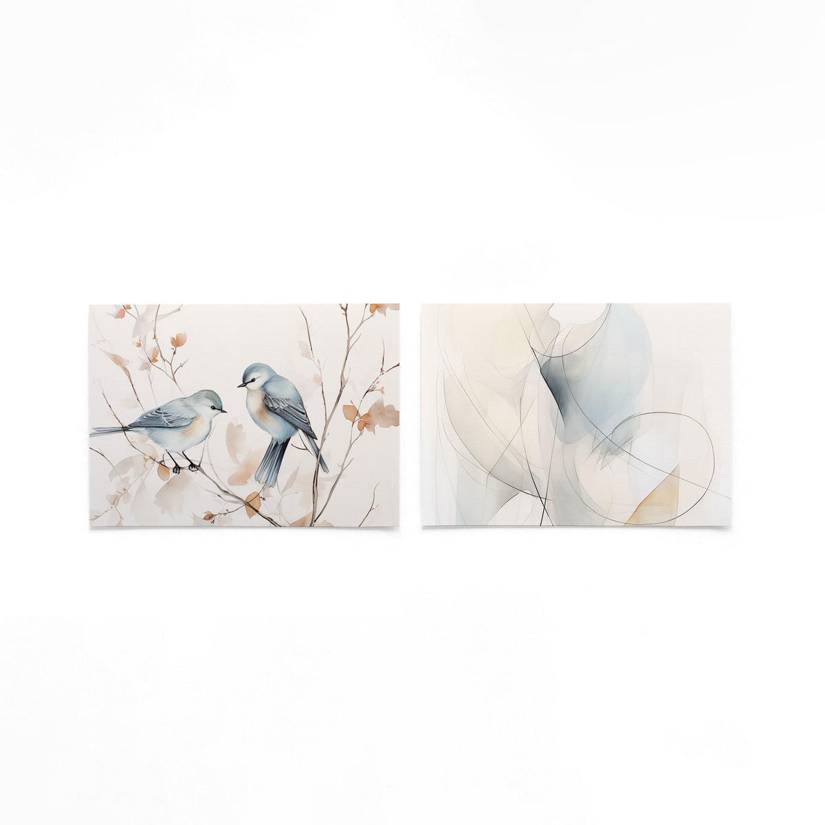 Twee liggende posters met twee vogels op takken, omgeven door zachte bladeren op een gebroken witte achtergrond
