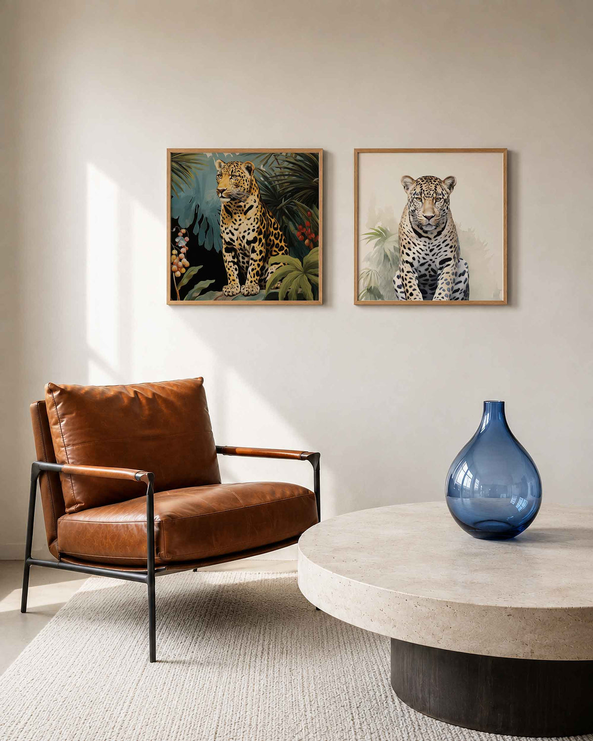 Interieurpresentatie van een tweedelige vierkante posterset met luipaarden in het groen