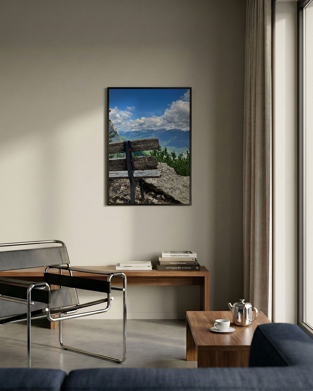 Berglandschap met bank Poster