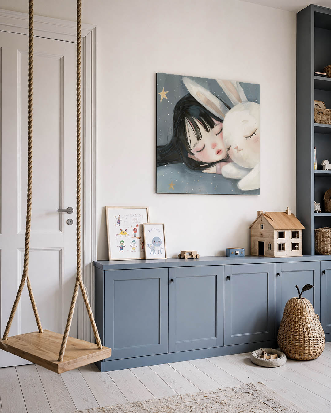 Dromerig kind en konijn Kunstwerk