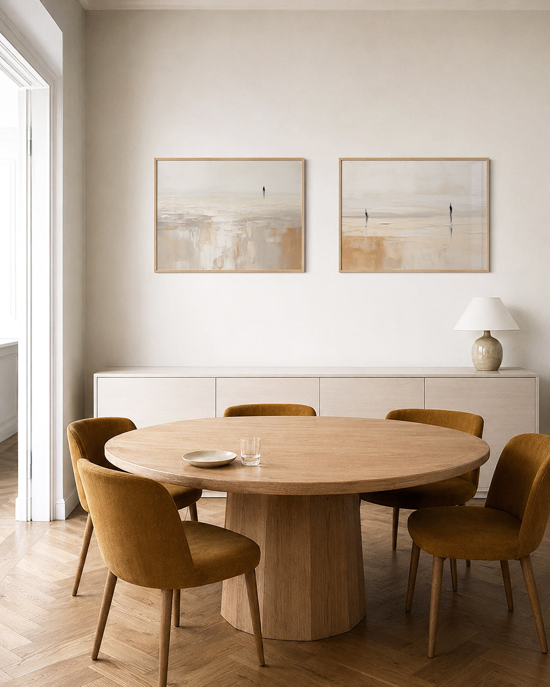 Interieurpresentatie van twee posters met zachte, vloeiende kleurvlakken in beige en wit