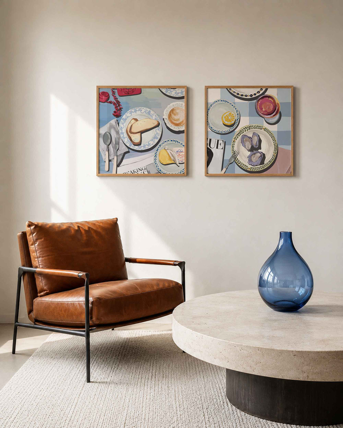 Interieurpresentatie van een tweedelige vierkante posterset met ontbijt en oesters