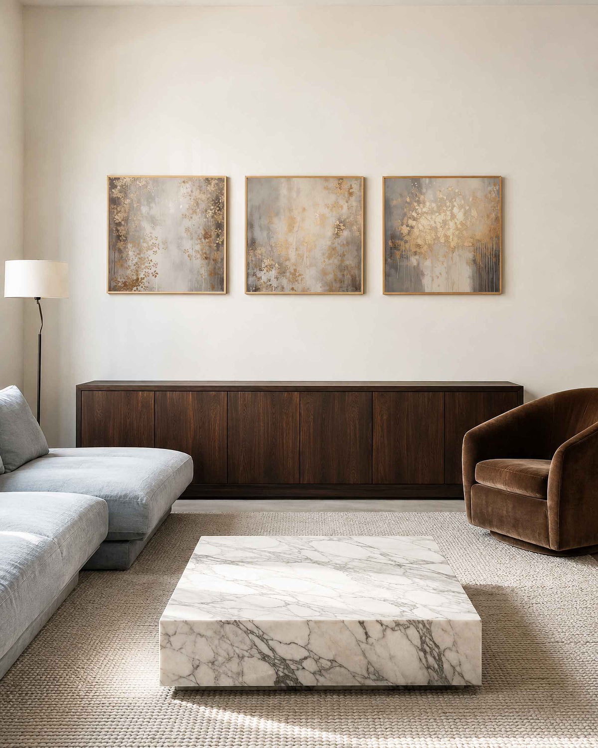 Interieurpresentatie van een driedelige vierkante posterset met abstracte gouden bloesem