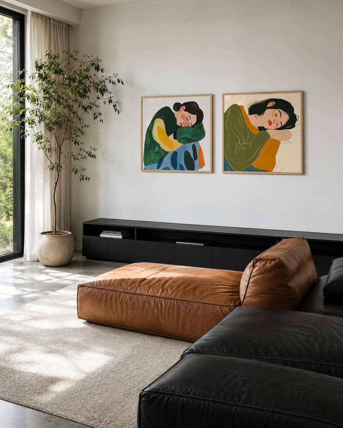 Interieurpresentatie van een tweedelige vierkante posterset met slapende vrouwen