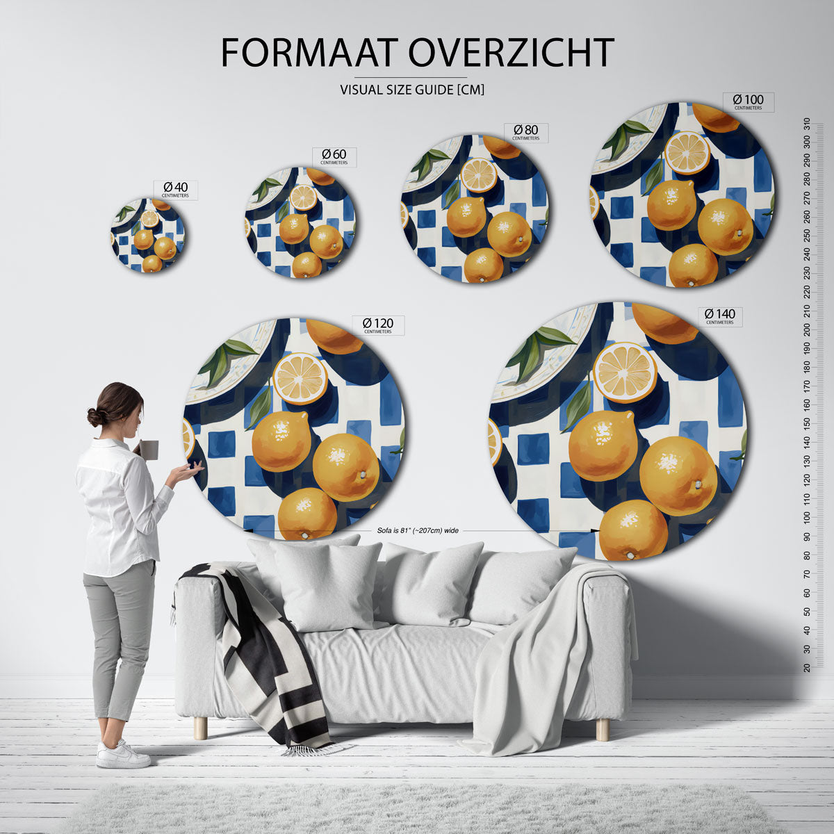 Citroenen en blauw wit patroon Muurcirkel