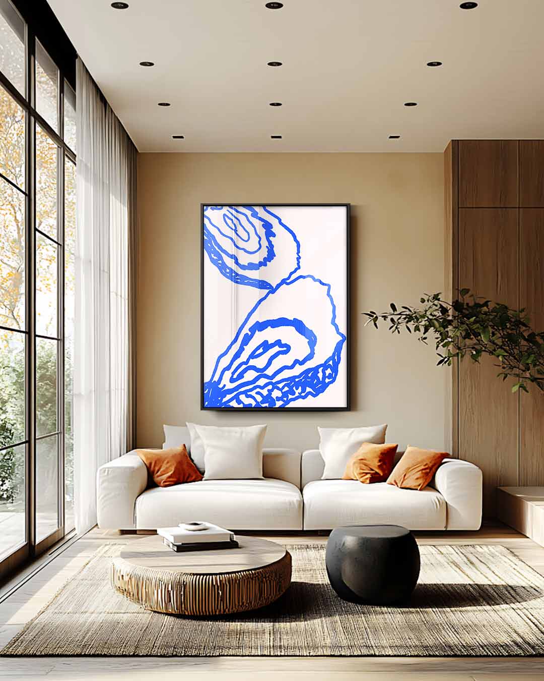 Abstracte Blauwe Contouren op Beige Kunstwerk-canvas-dibond-plexiglas-wanddecoratie-WallArtistic