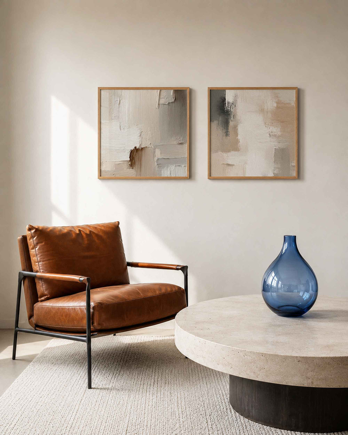 Interieurpresentatie van een tweedelige vierkante posterset met textuurvlakken