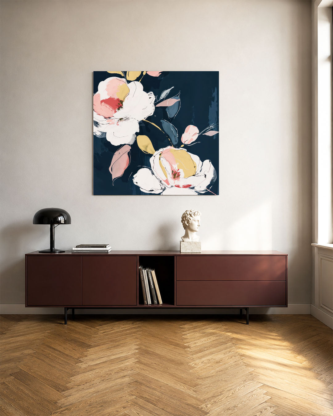Bloemmotief op donkere achtergrond Kunstwerk