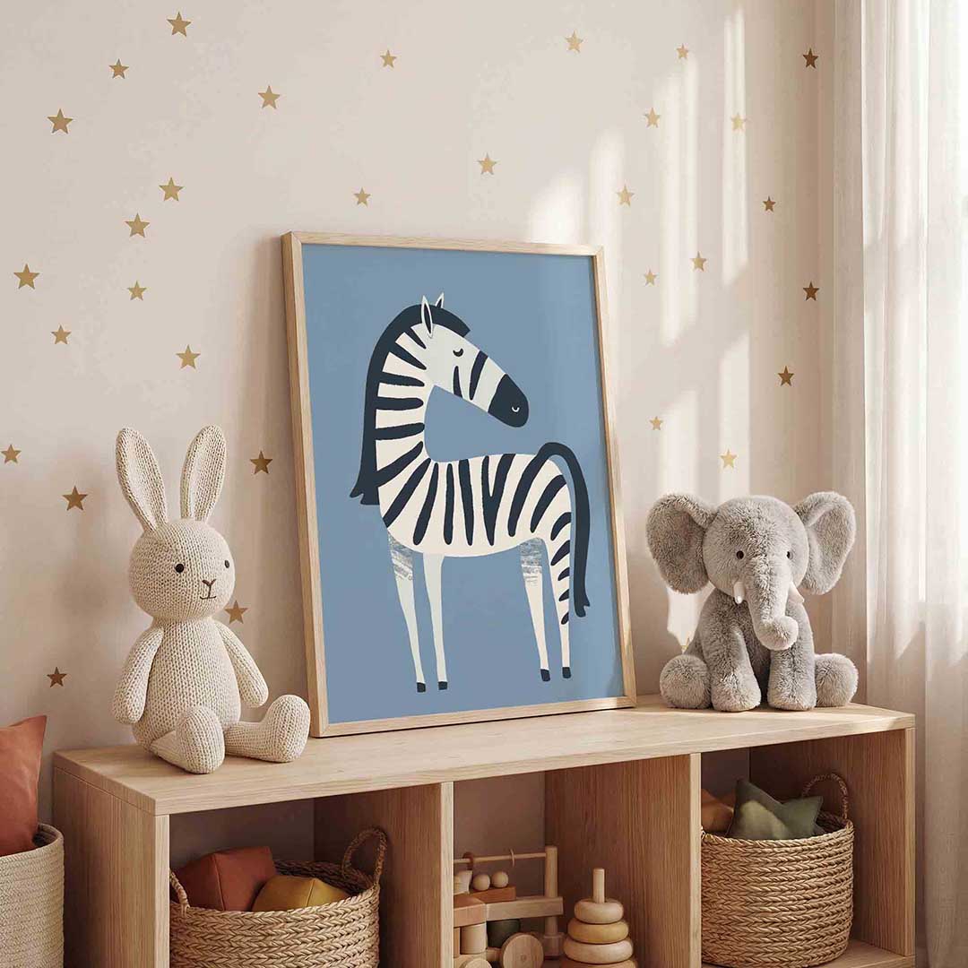 Zebra op blauwe achtergrond Poster
