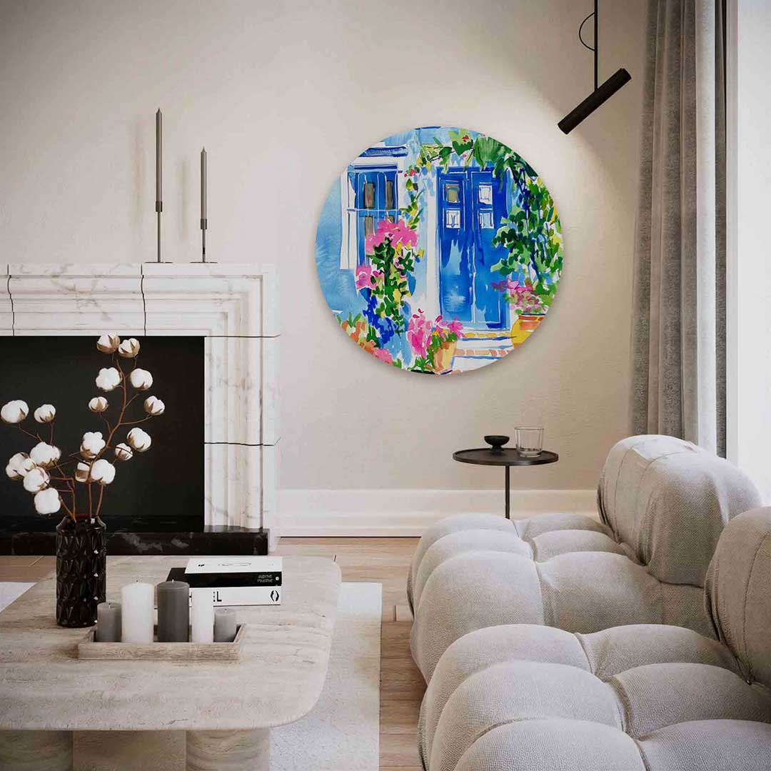 Blauwe deur met bloemen Muurcirkel
