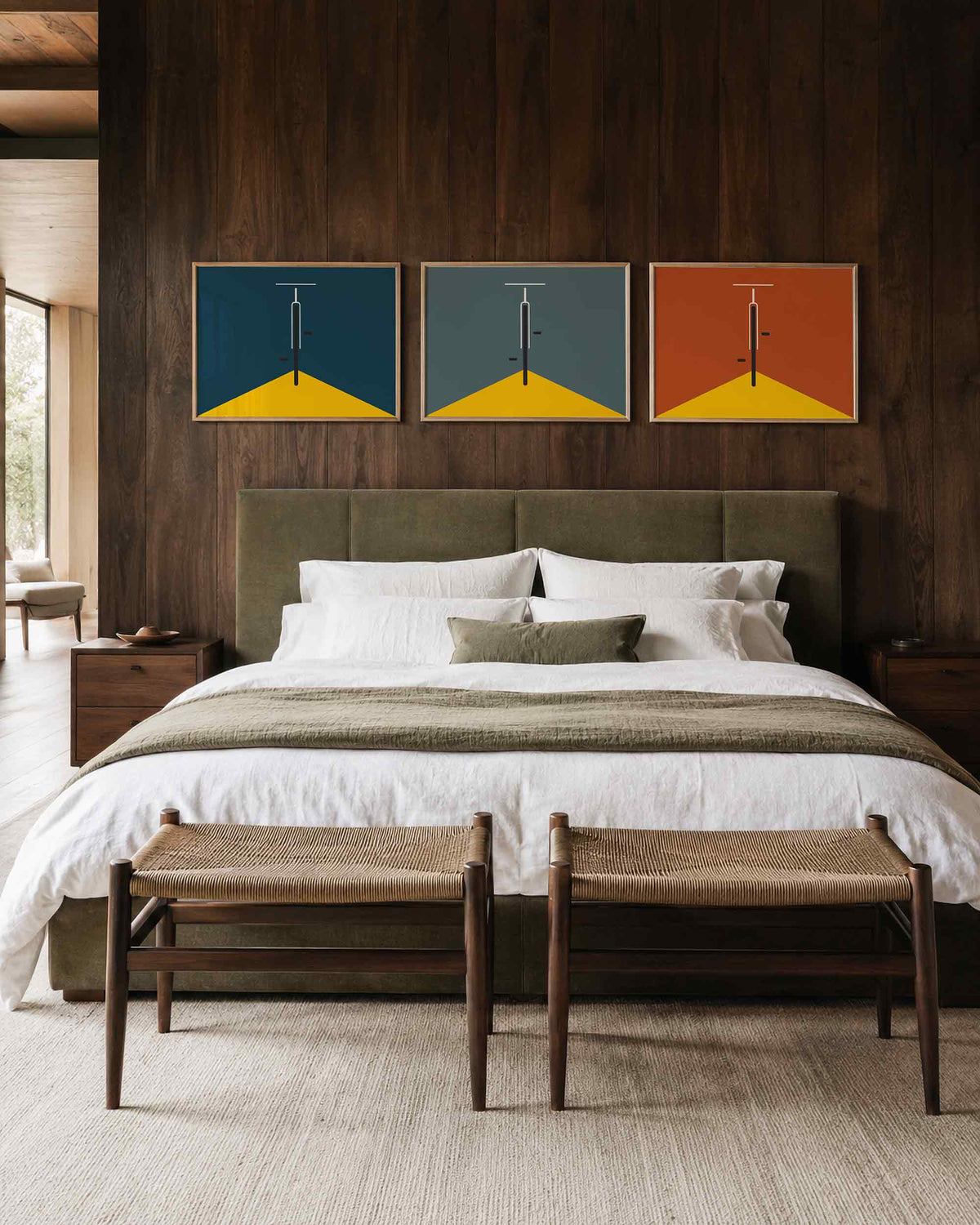 Interieurmockup van drieluik landscape-posterset met kleurvlakken met centrale lijn